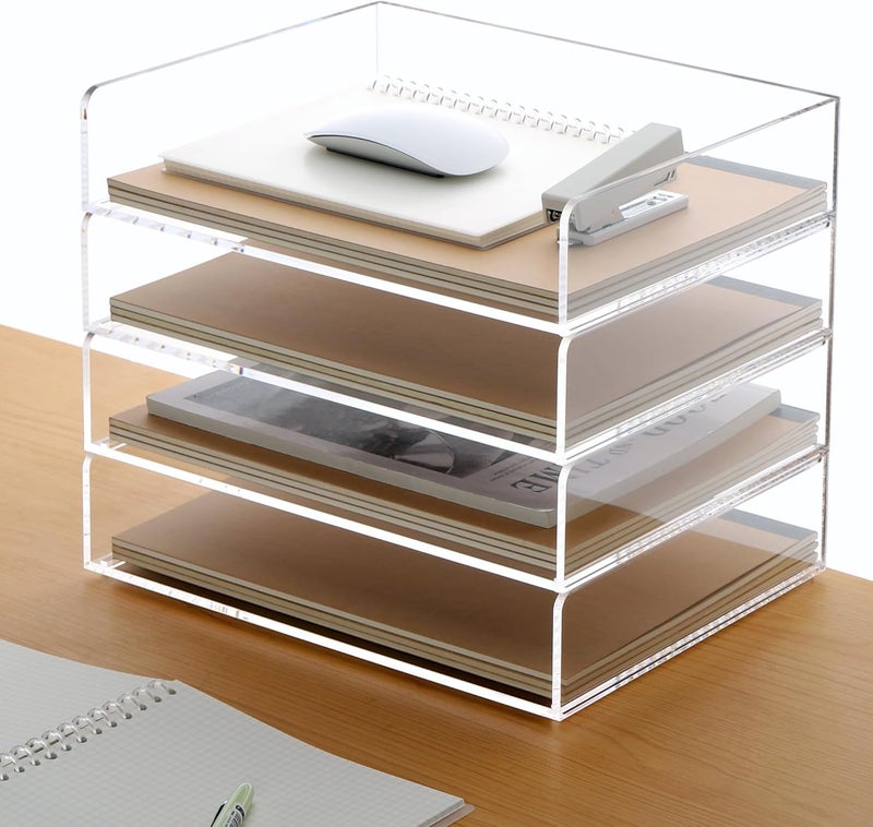 HeZone Acrylic Paper Tray, 4 Tier Paper Organizer for Desk, Clear Acrylic Desk Organizers, Stackable Letter Tray Workspace oaganzier -Art Storage for School Classroom -4 Pack… - Image 1